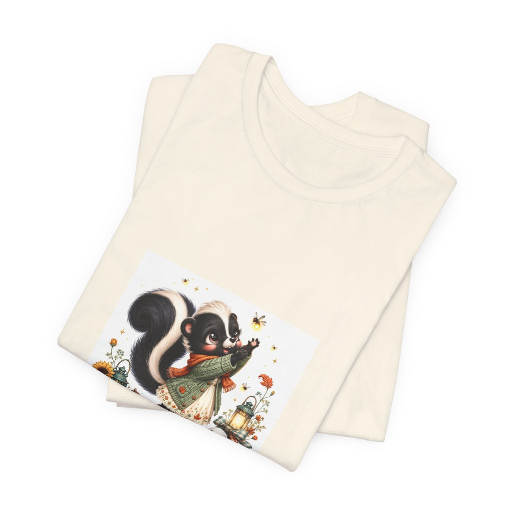 Skunk & Pumpkins Fall Tee — “Chasing the Last Firefly” Cute Autumn Graphic Shirt