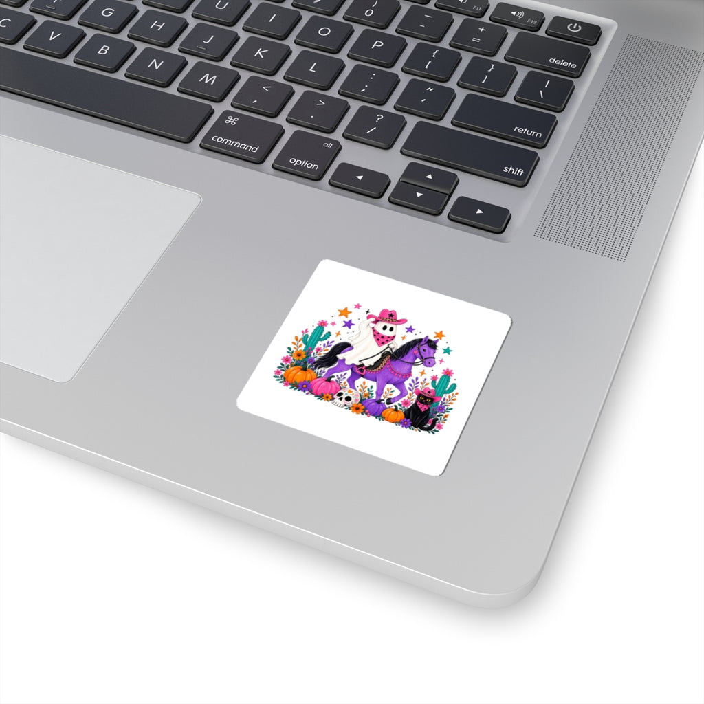Halloween Ghost Cowboy Sticker — Cute Purple Horse, Pumpkins & Black Cat Kiss-Cut Decal