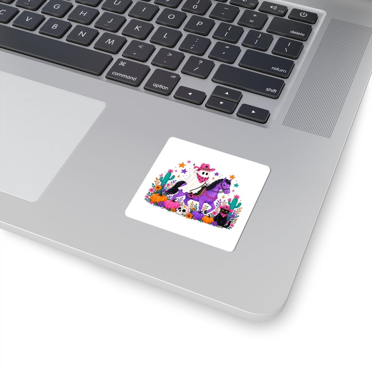 Halloween Ghost Cowboy Sticker — Cute Purple Horse, Pumpkins & Black Cat Kiss-Cut Decal