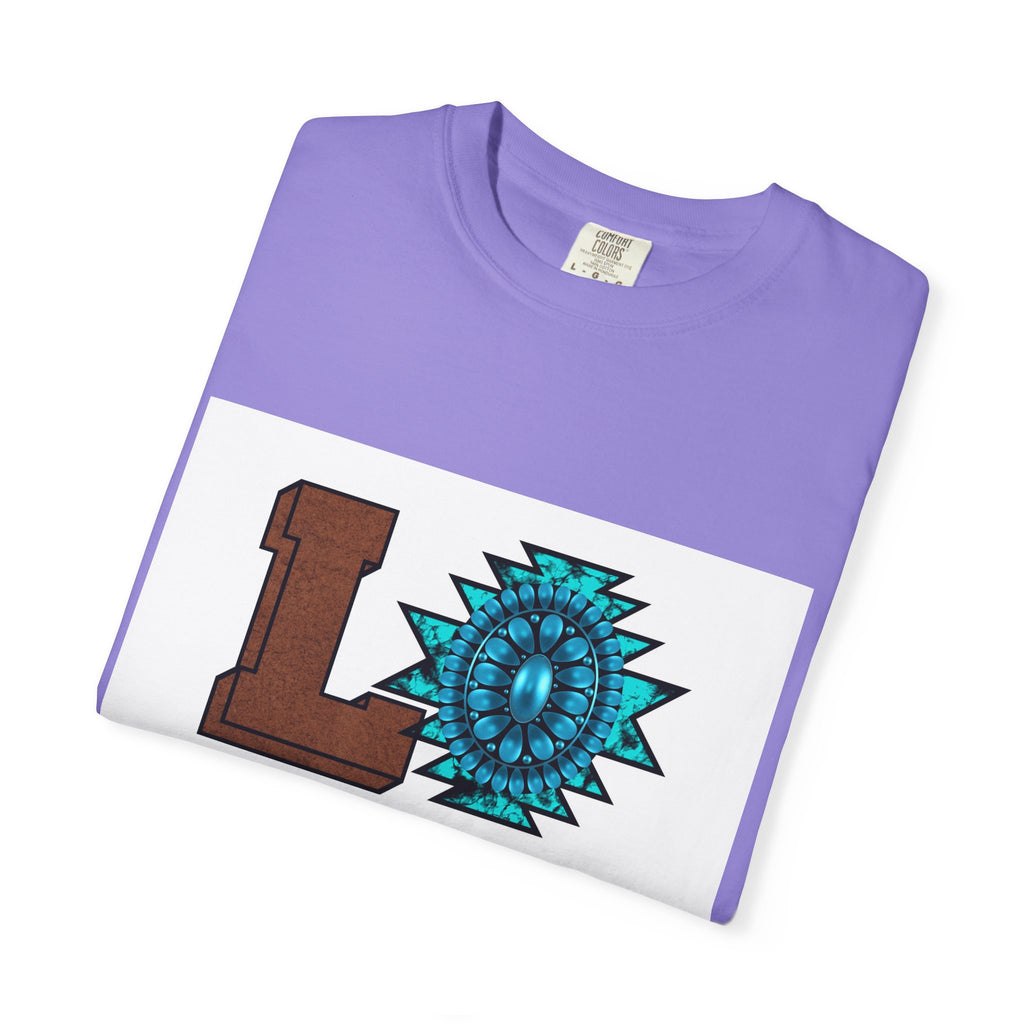 LOVE Southwestern Graphic T-Shirt — Turquoise Aztec Heart Design
