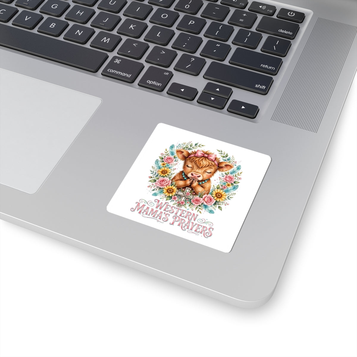 Western Mama’s Prayers Kiss-Cut Sticker — Cute Praying Calf Floral Vinyl Sticker