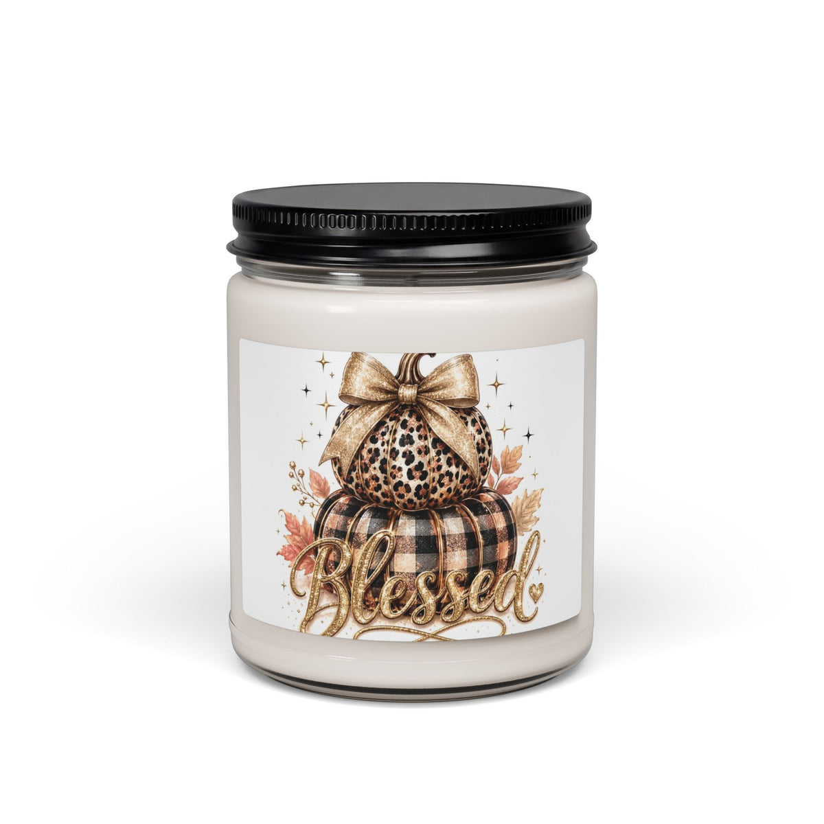 Blessed Fall Pumpkin Soy Candle — 9oz Scented Jar (Leopard & Buffalo Plaid)