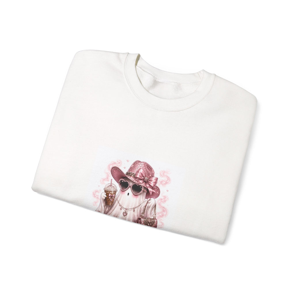 Ghost in Shades Crewneck Sweatshirt — Cute Pink Halloween Ghost Graphic
