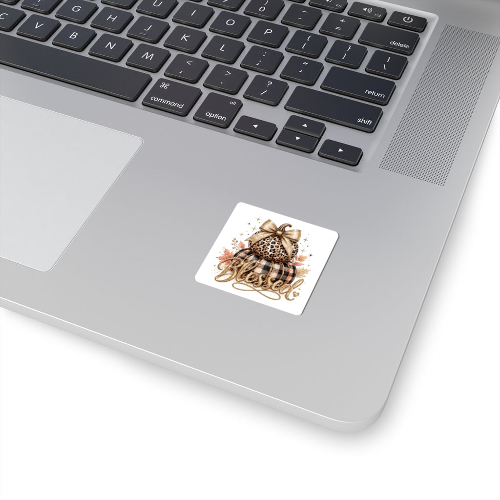 Blessed Fall Pumpkin Sticker — Leopard & Buffalo Plaid Kiss-Cut Sticker