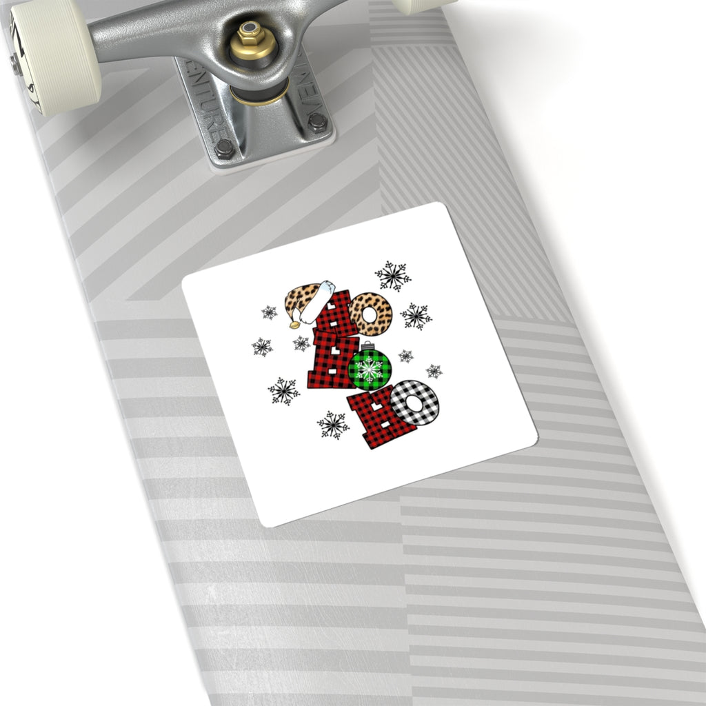Holiday ‘Ho Ho Ho’ Plaid & Leopard Kiss-Cut Sticker — Christmas Snowflake Laptop Decal