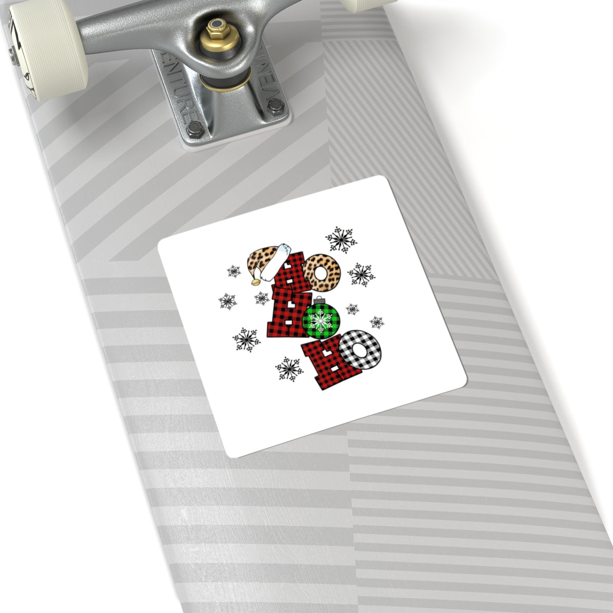 Holiday ‘Ho Ho Ho’ Plaid & Leopard Kiss-Cut Sticker — Christmas Snowflake Laptop Decal