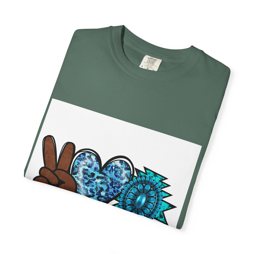 Peace Love Turquoise T-Shirt — Boho Peace Sign & Heart Graphic Tee