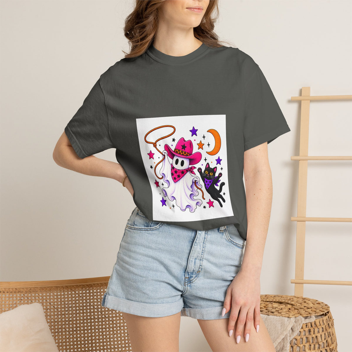 Cowboy Ghost and Black Cat Halloween T-Shirt