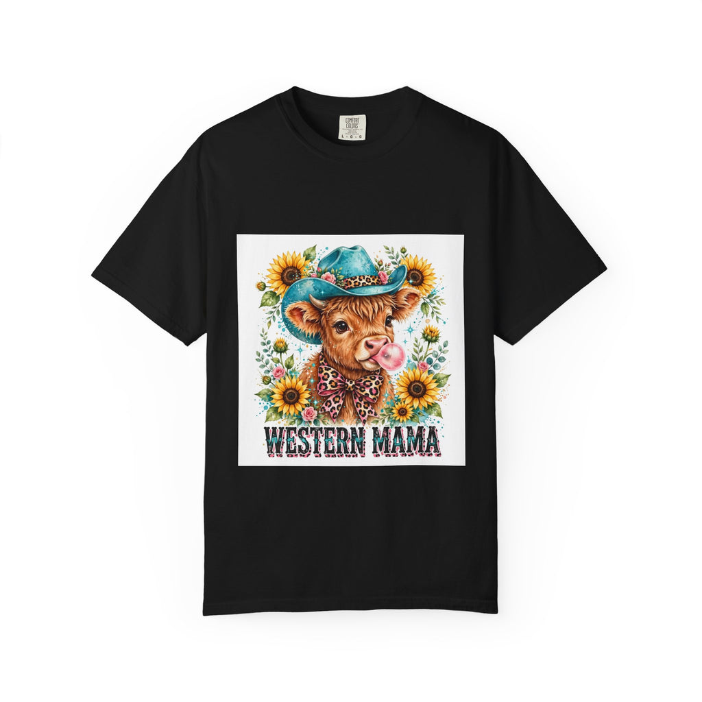 Western Mama Cow Tee — Cute Cow with Cowboy Hat & Sunflowers Graphic T-Shirt