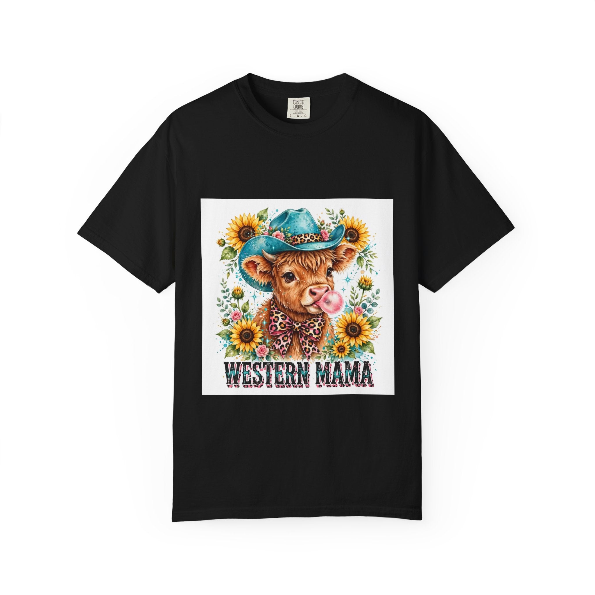 Western Mama Cow Tee — Cute Cow with Cowboy Hat & Sunflowers Graphic T-Shirt