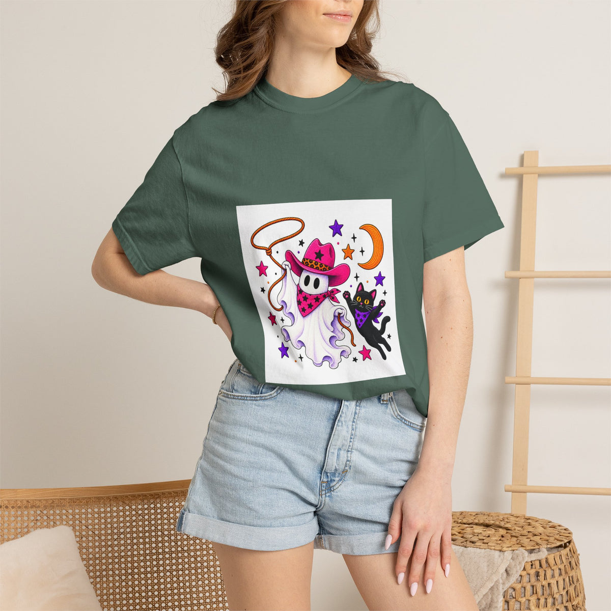 Cowboy Ghost and Black Cat Halloween T-Shirt