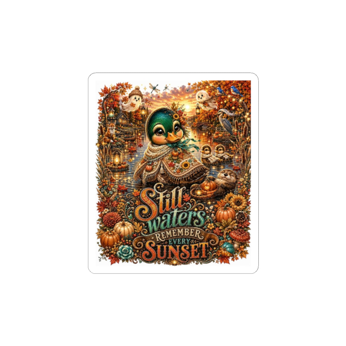 Fall Duck Sticker — "Still Waters Remember Every Sunset" Autumn Kiss-Cut Decal
