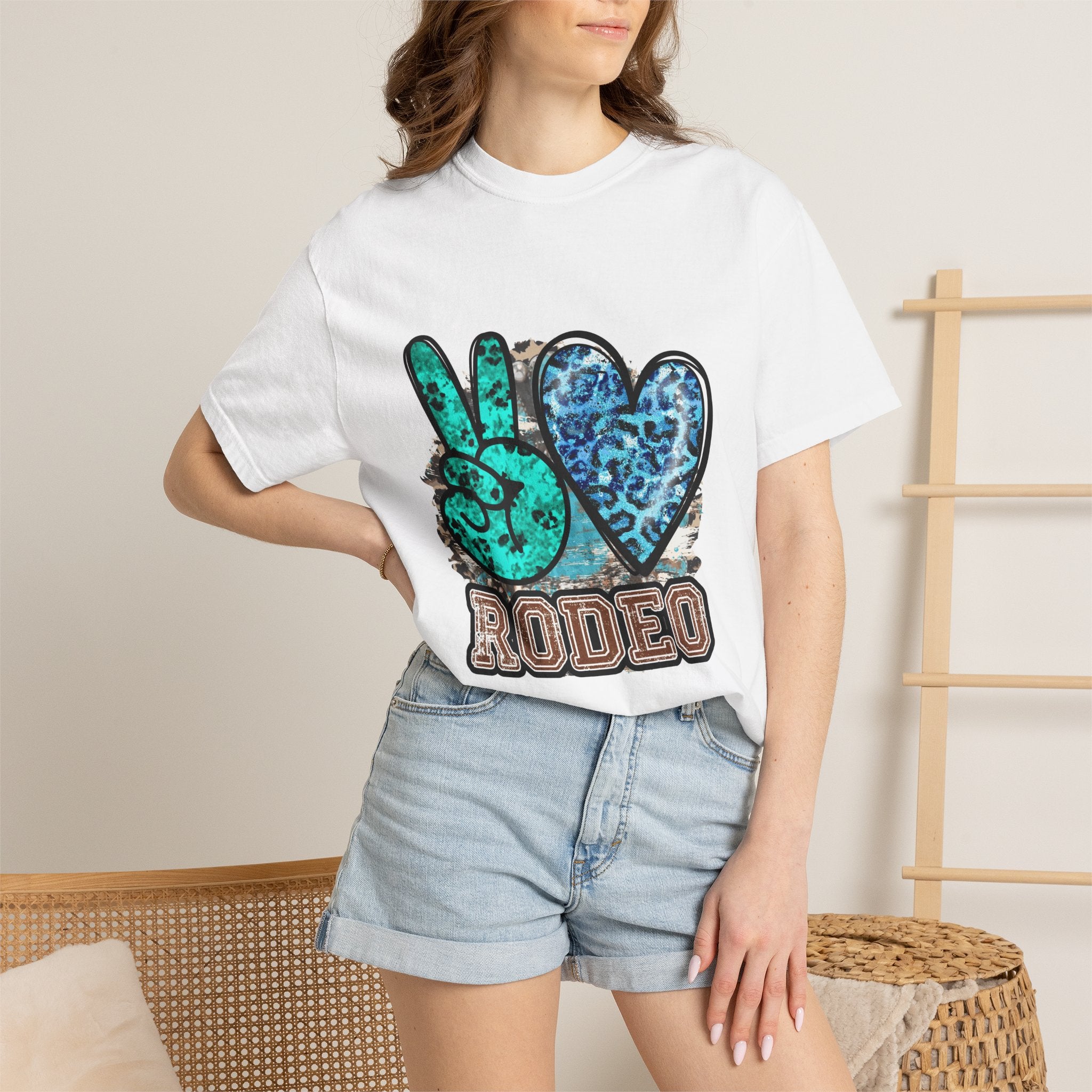 Peace Love Rodeo T‑Shirt — Turquoise Leopard Graphic Rodeo Tee