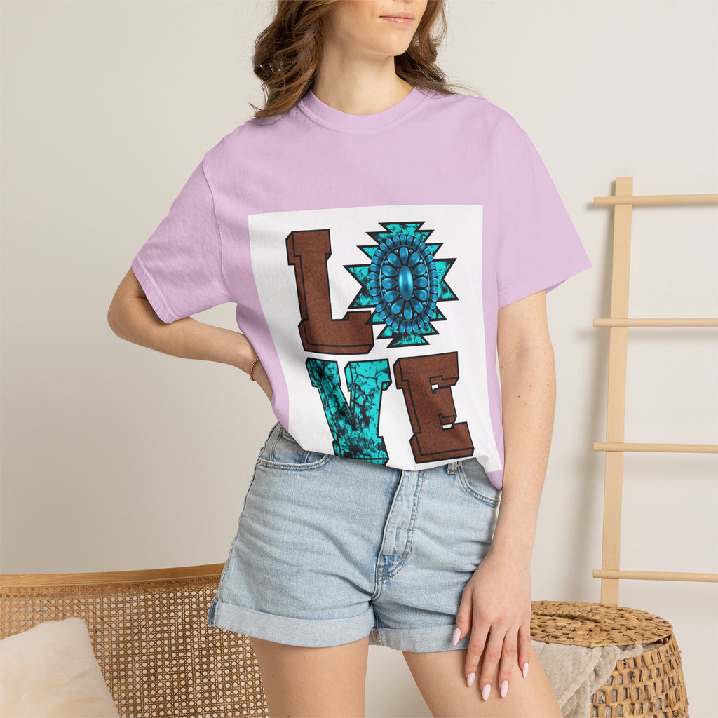 LOVE Southwestern Graphic T-Shirt — Turquoise Aztec Heart Design