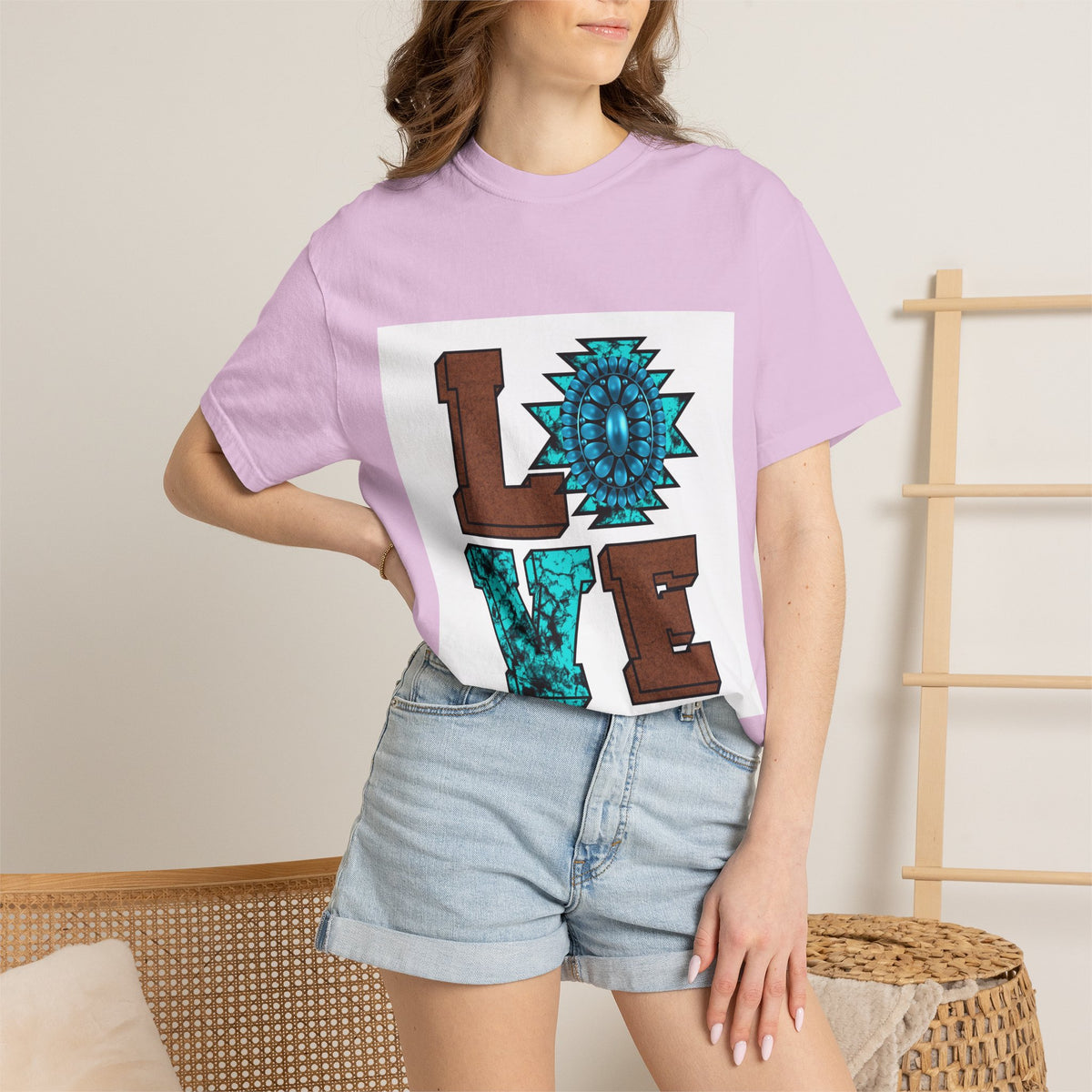 LOVE Southwestern Graphic T-Shirt — Turquoise Aztec Heart Design