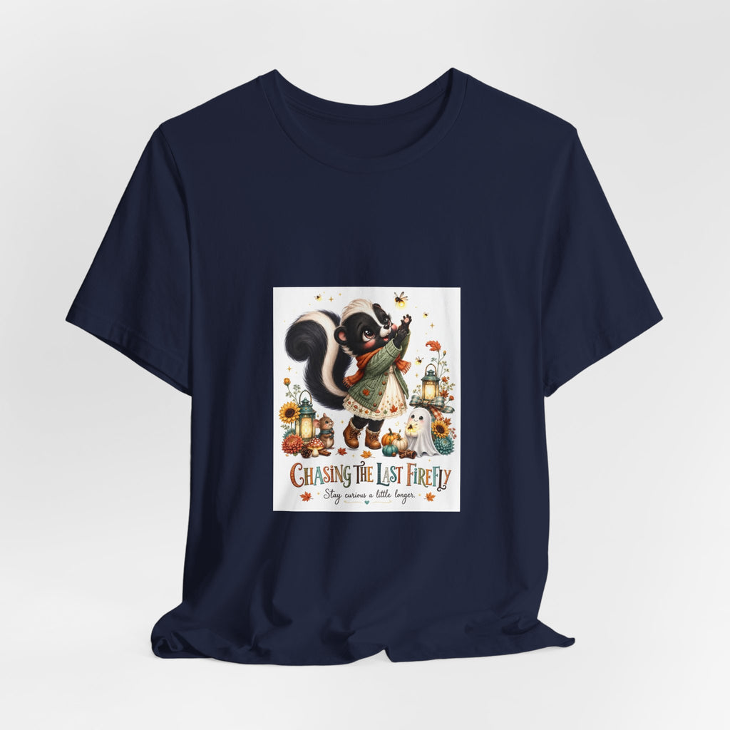 Skunk & Pumpkins Fall Tee — “Chasing the Last Firefly” Cute Autumn Graphic Shirt
