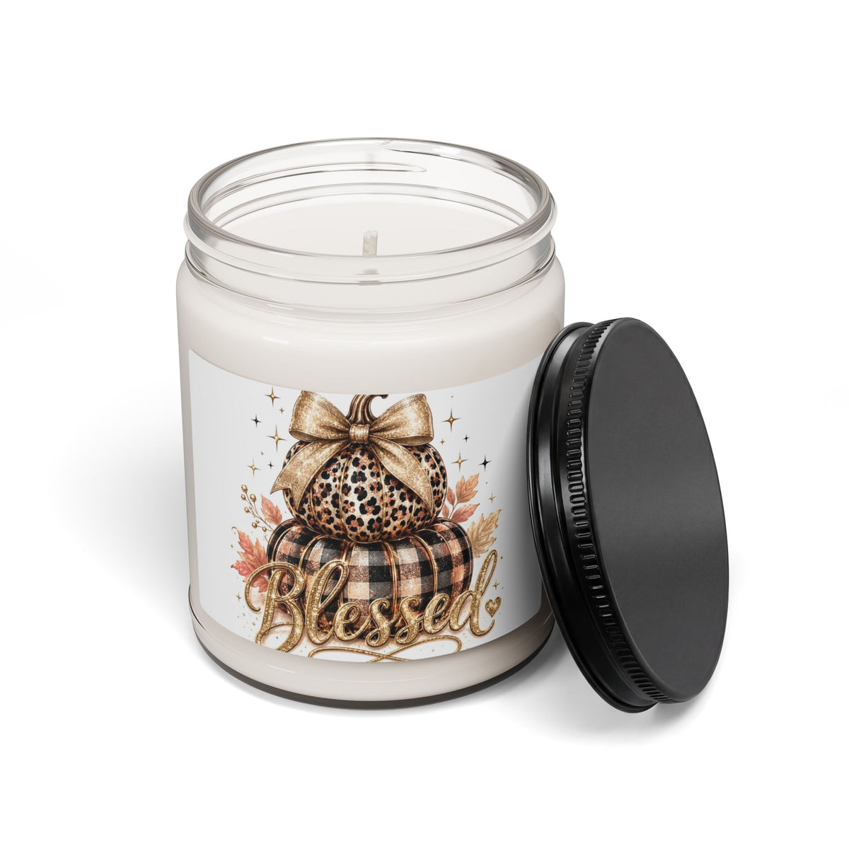 Blessed Fall Pumpkin Soy Candle — 9oz Scented Jar (Leopard & Buffalo Plaid)