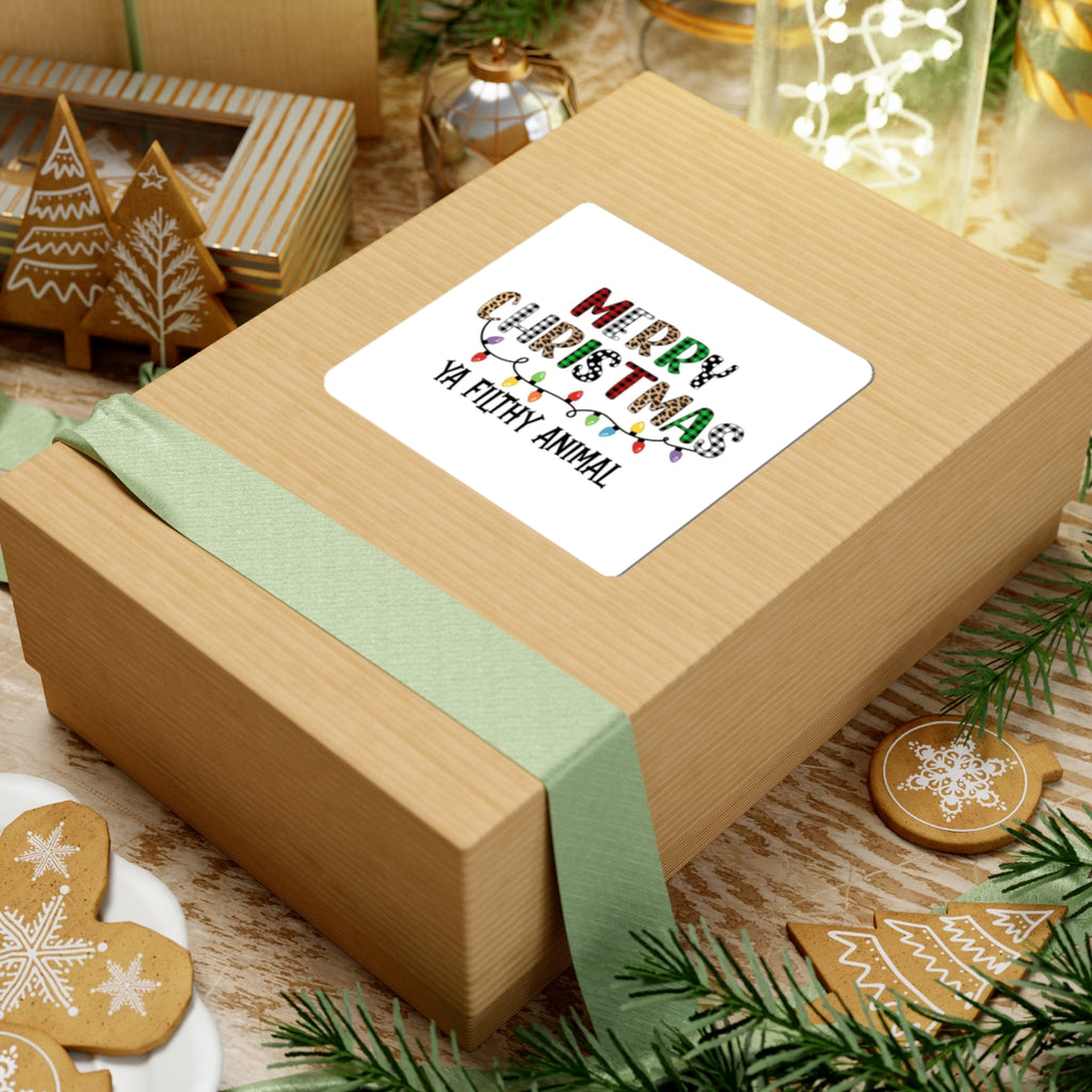 Merry Christmas Ya Filthy Animal Sticker — Holiday Plaid & Leopard Kiss-Cut Sticker