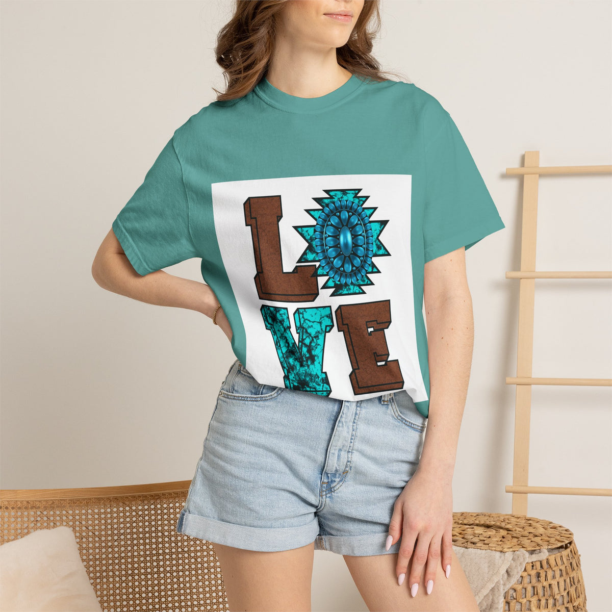 LOVE Southwestern Graphic T-Shirt — Turquoise Aztec Heart Design