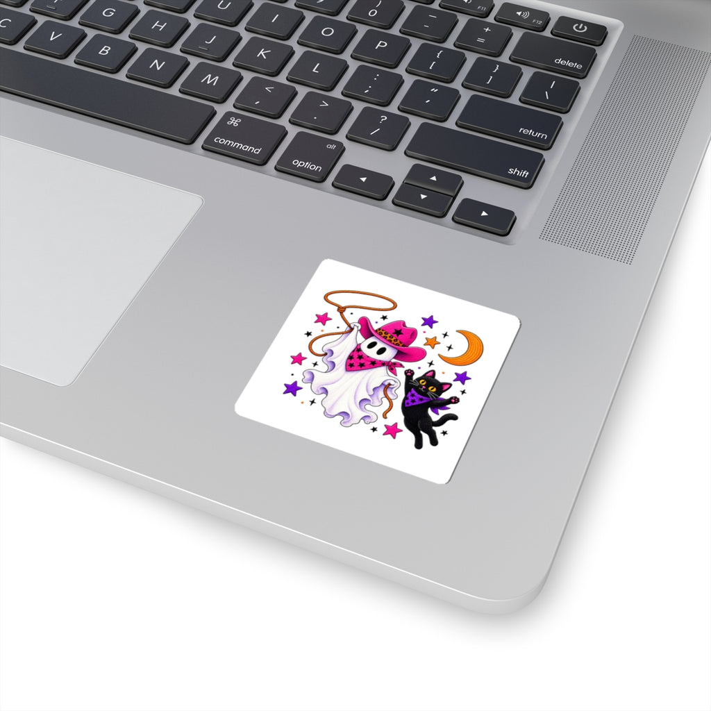 Cowgirl Ghost & Black Cat Sticker — Cute Halloween Kiss-Cut Decal