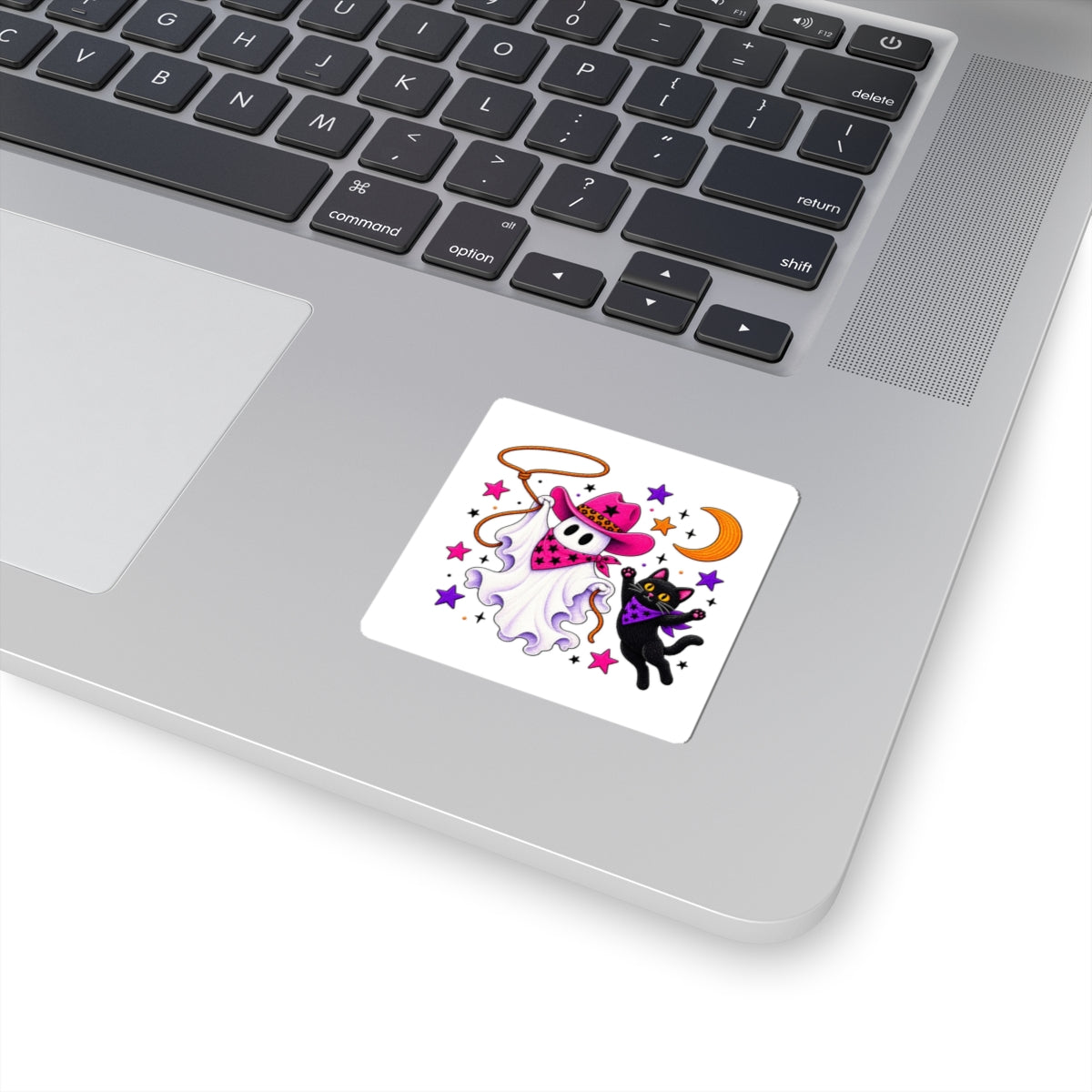 Cowgirl Ghost & Black Cat Sticker — Cute Halloween Kiss-Cut Decal