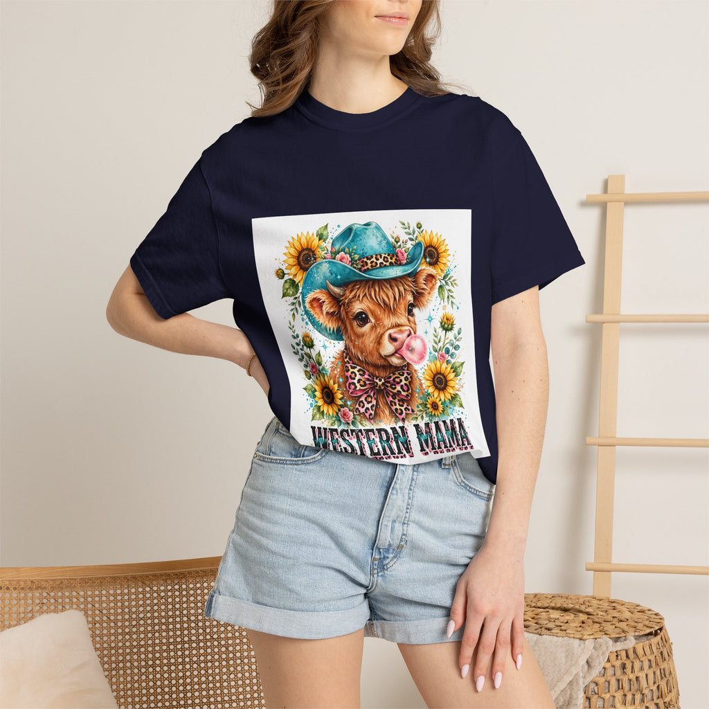 Western Mama Cow Tee — Cute Cow with Cowboy Hat & Sunflowers Graphic T-Shirt