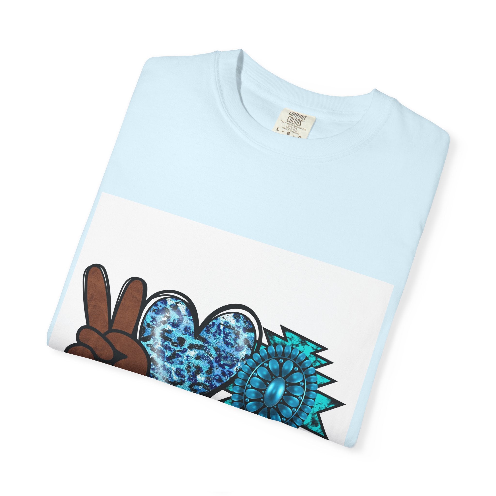 Peace Love Turquoise T-Shirt — Boho Peace Sign & Heart Graphic Tee