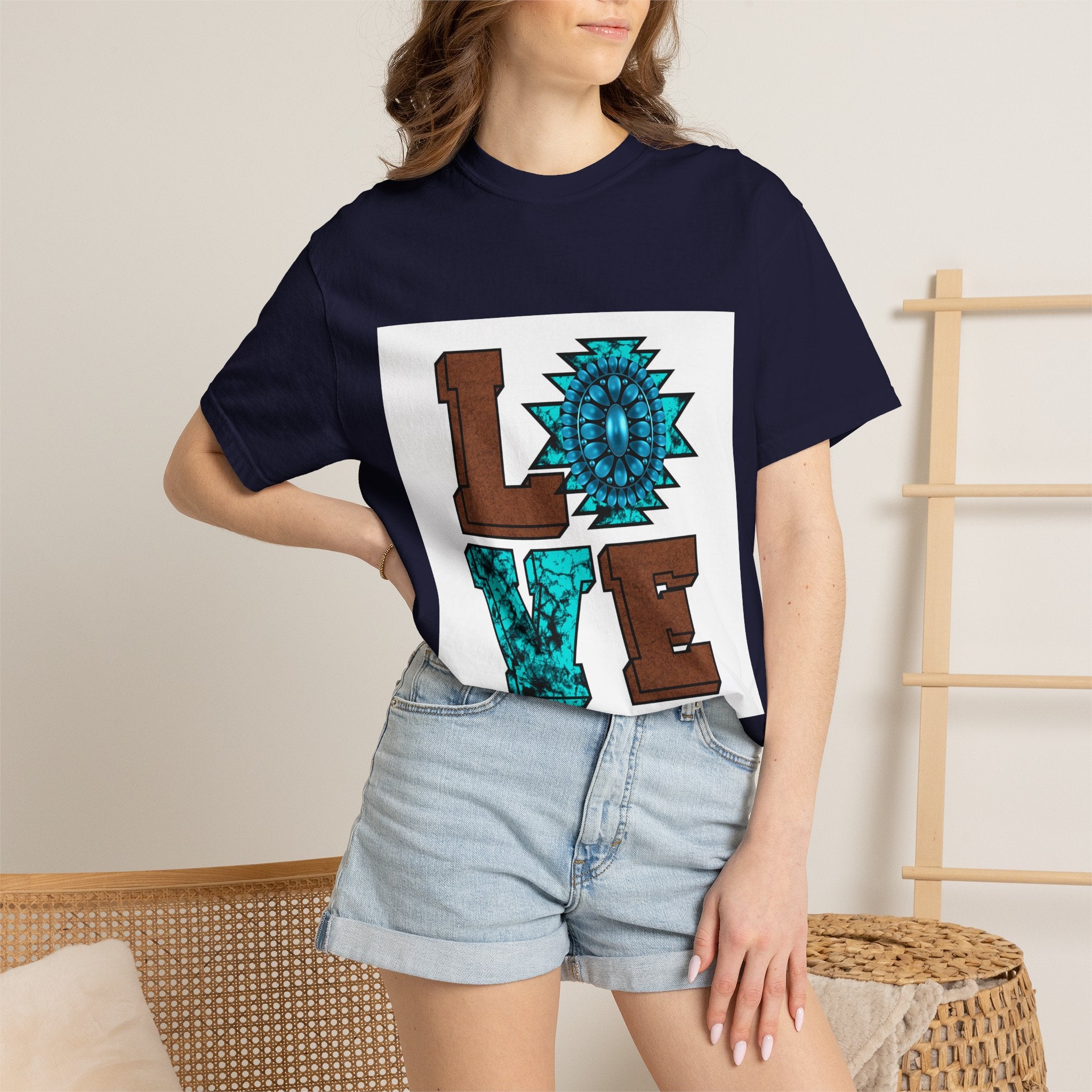 LOVE Southwestern Graphic T-Shirt — Turquoise Aztec Heart Design