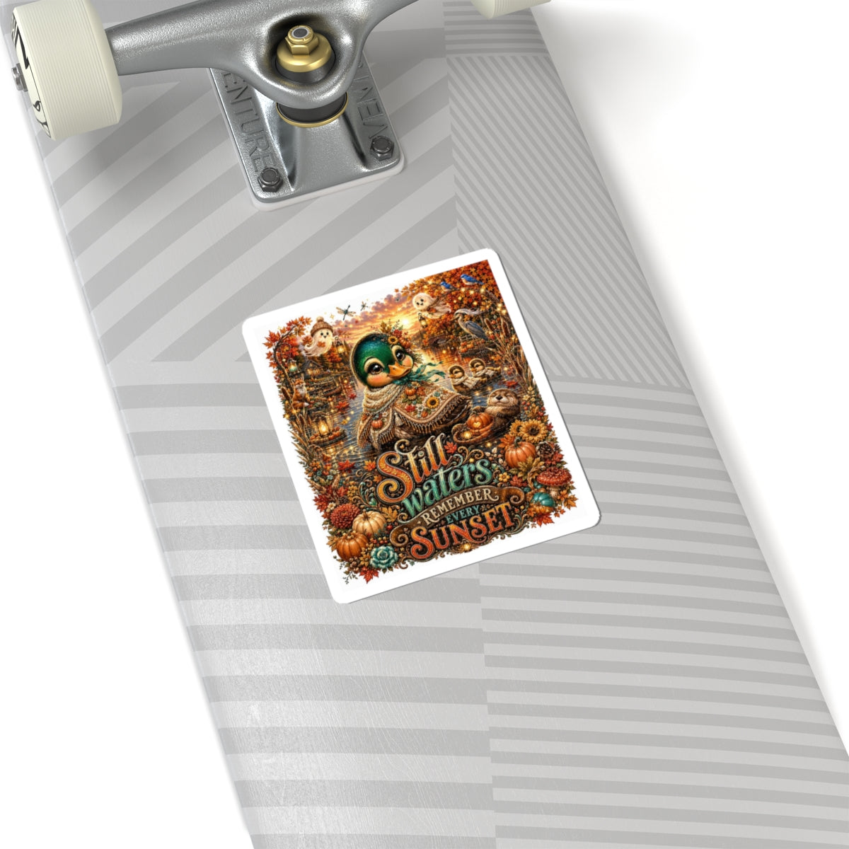 Fall Duck Sticker — "Still Waters Remember Every Sunset" Autumn Kiss-Cut Decal