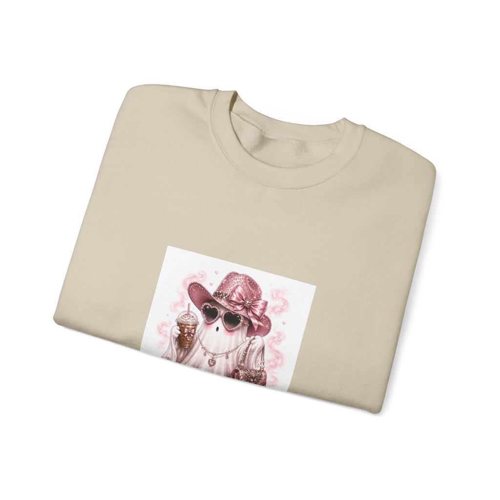 Ghost in Shades Crewneck Sweatshirt — Cute Pink Halloween Ghost Graphic