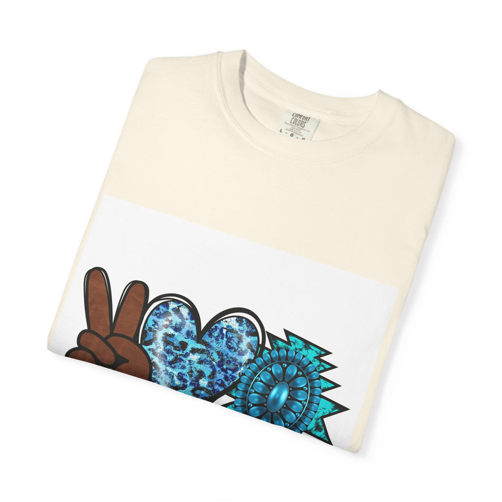 Peace Love Turquoise T-Shirt — Boho Peace Sign & Heart Graphic Tee