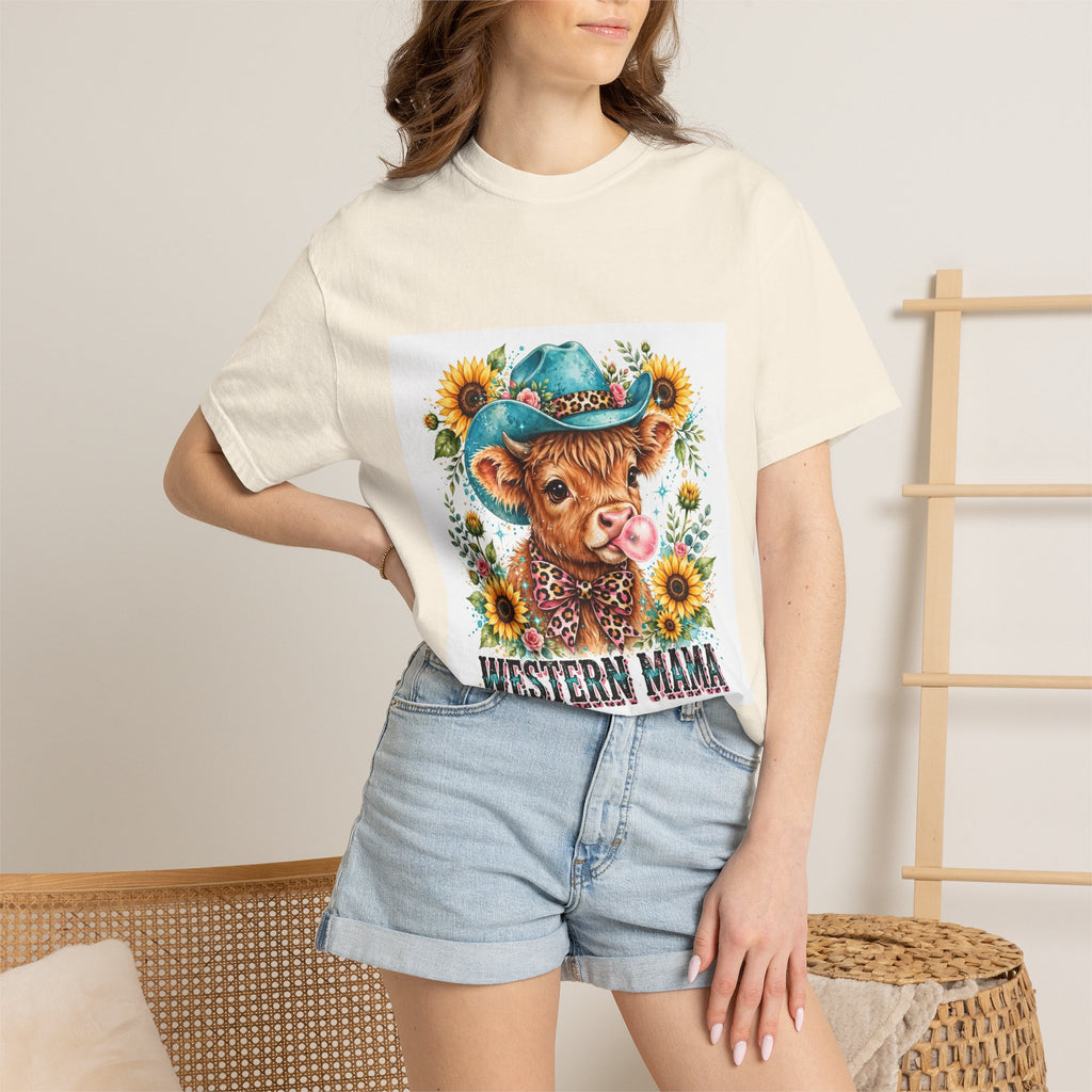 Western Mama Cow Tee — Cute Cow with Cowboy Hat & Sunflowers Graphic T-Shirt