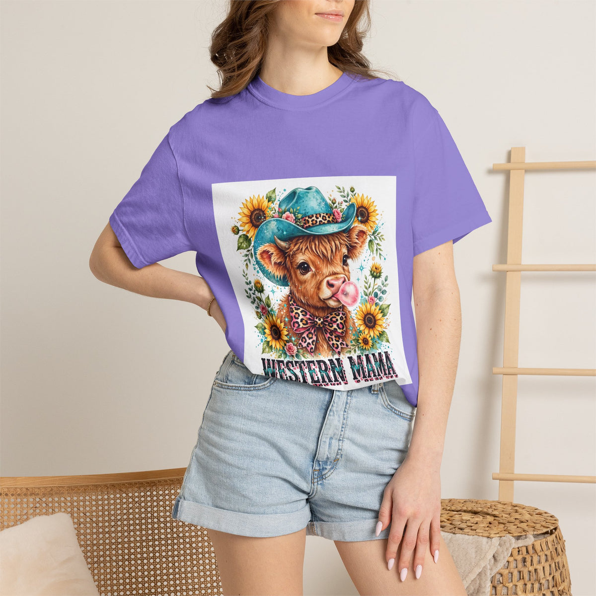 Western Mama Cow Tee — Cute Cow with Cowboy Hat & Sunflowers Graphic T-Shirt