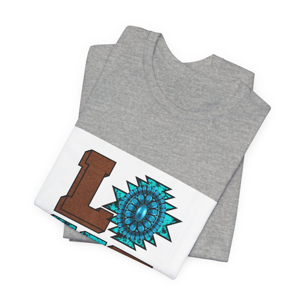 LOVE Southwestern Graphic Tee — Turquoise & Brown Rustic Sunflower Design
