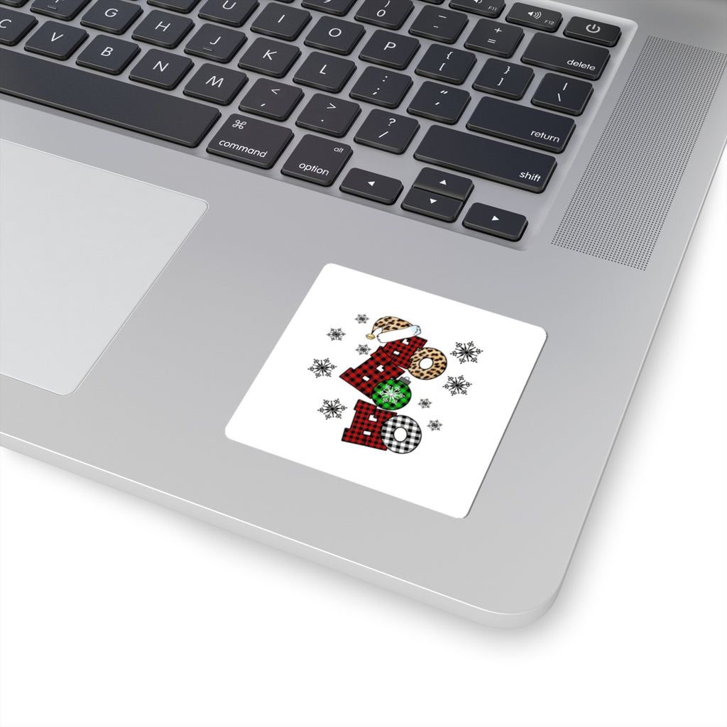 Holiday ‘Ho Ho Ho’ Plaid & Leopard Kiss-Cut Sticker — Christmas Snowflake Laptop Decal
