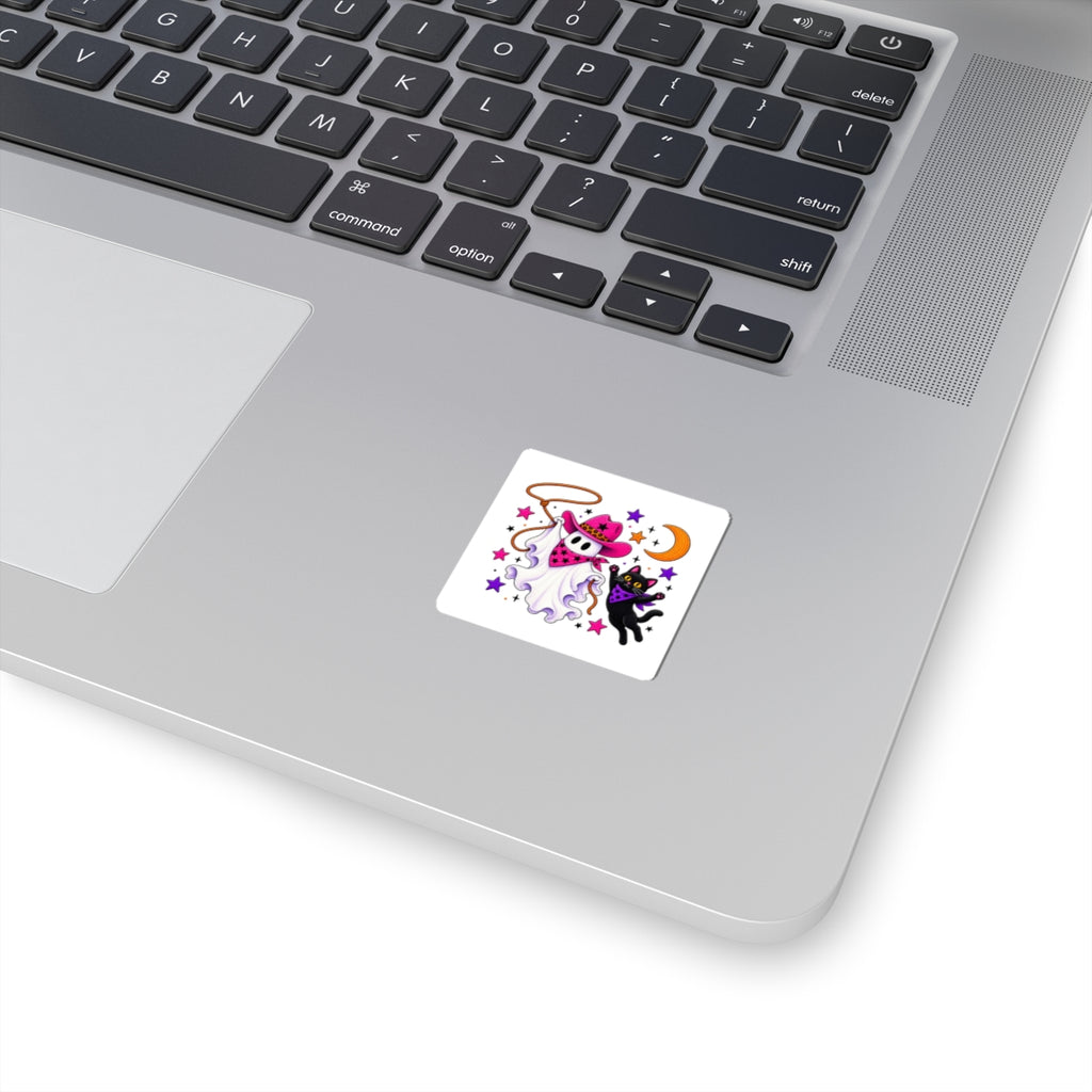 Cowgirl Ghost & Black Cat Sticker — Cute Halloween Kiss-Cut Decal
