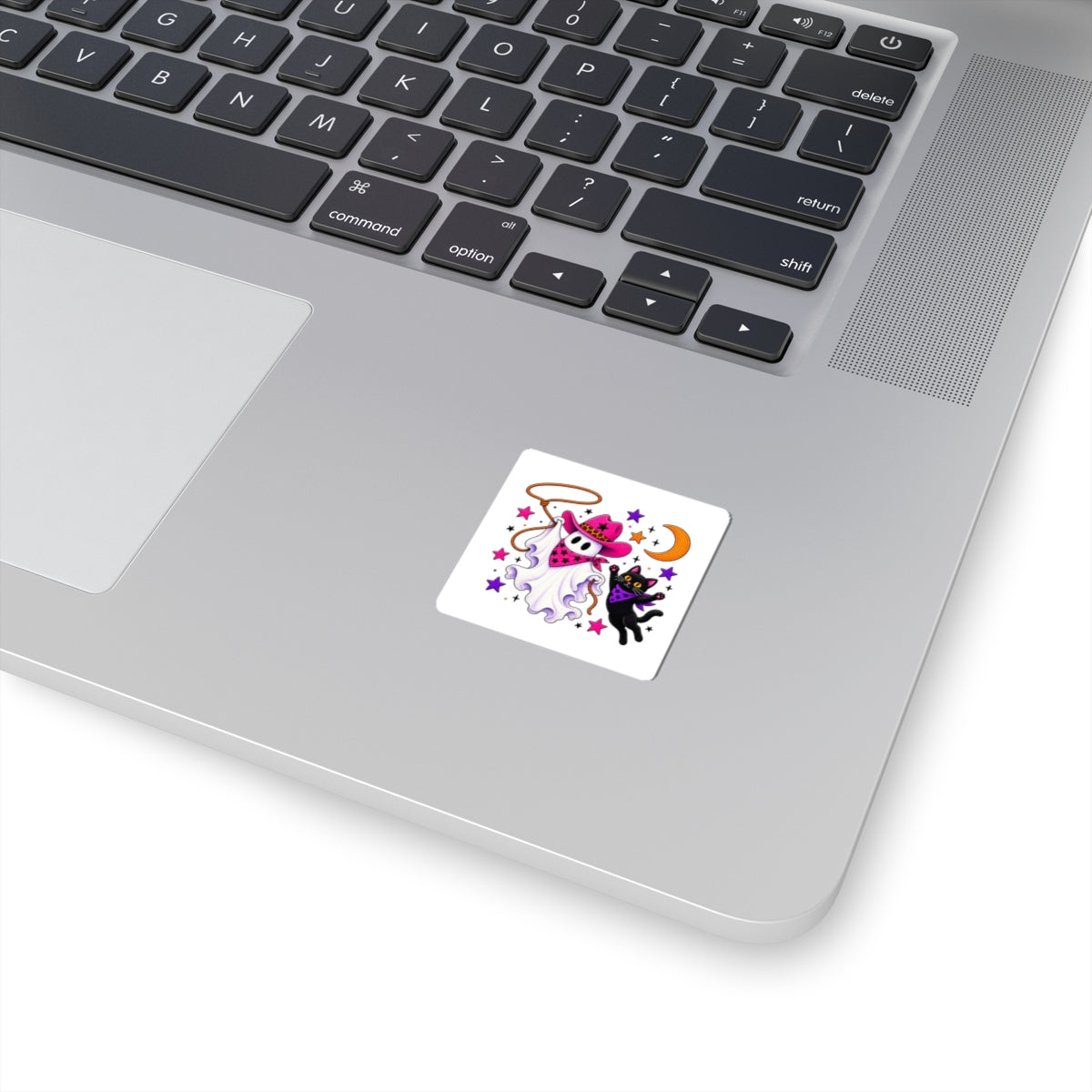 Cowgirl Ghost & Black Cat Sticker — Cute Halloween Kiss-Cut Decal