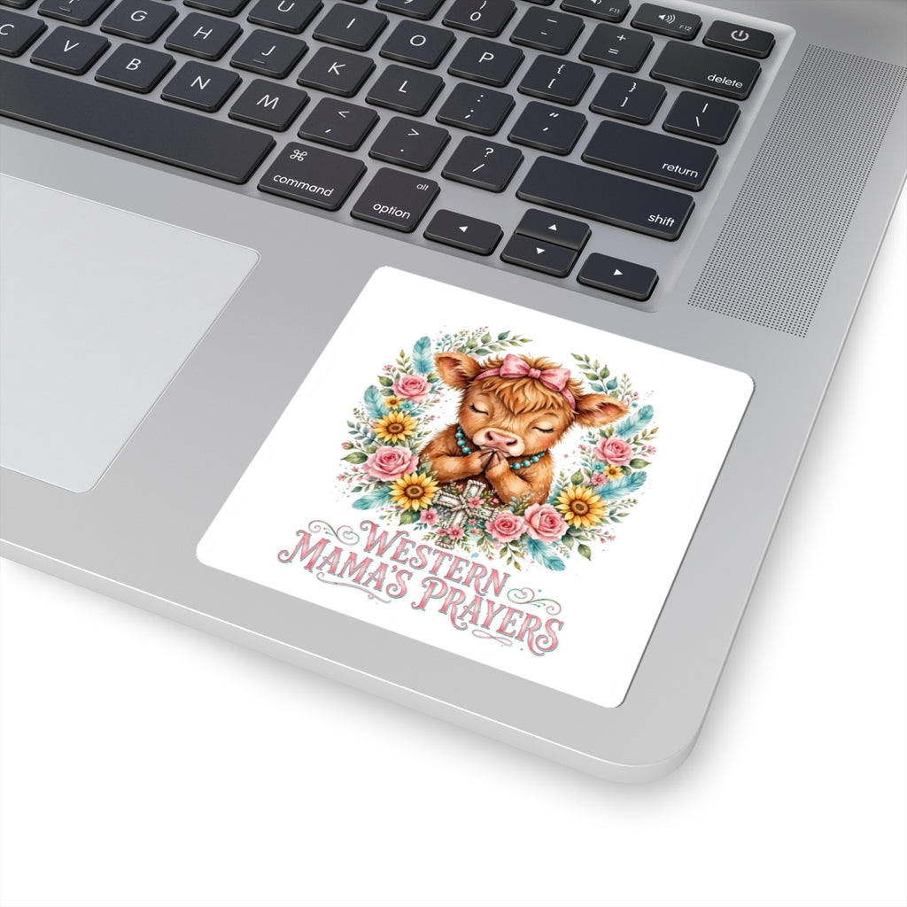 Western Mama’s Prayers Kiss-Cut Sticker — Cute Praying Calf Floral Vinyl Sticker