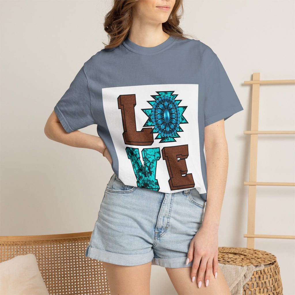 LOVE Southwestern Graphic T-Shirt — Turquoise Aztec Heart Design