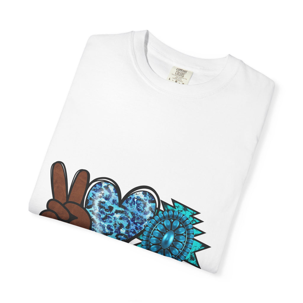 Peace Love Turquoise T-Shirt — Boho Peace Sign & Heart Graphic Tee
