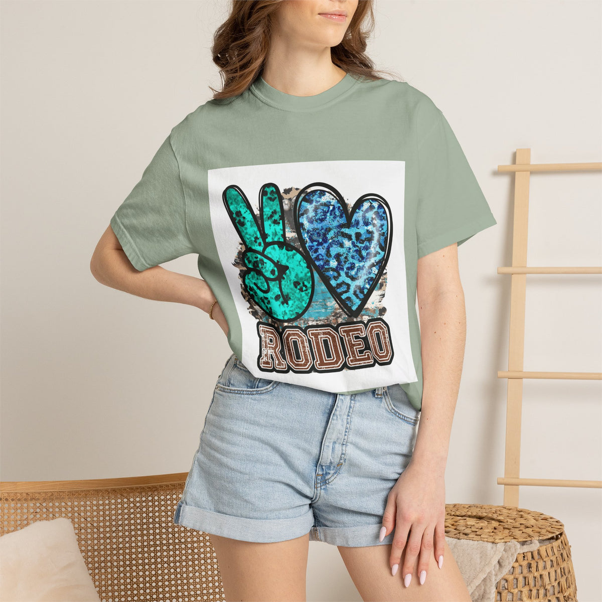 Peace Love Rodeo T‑Shirt — Turquoise Leopard Graphic Rodeo Tee