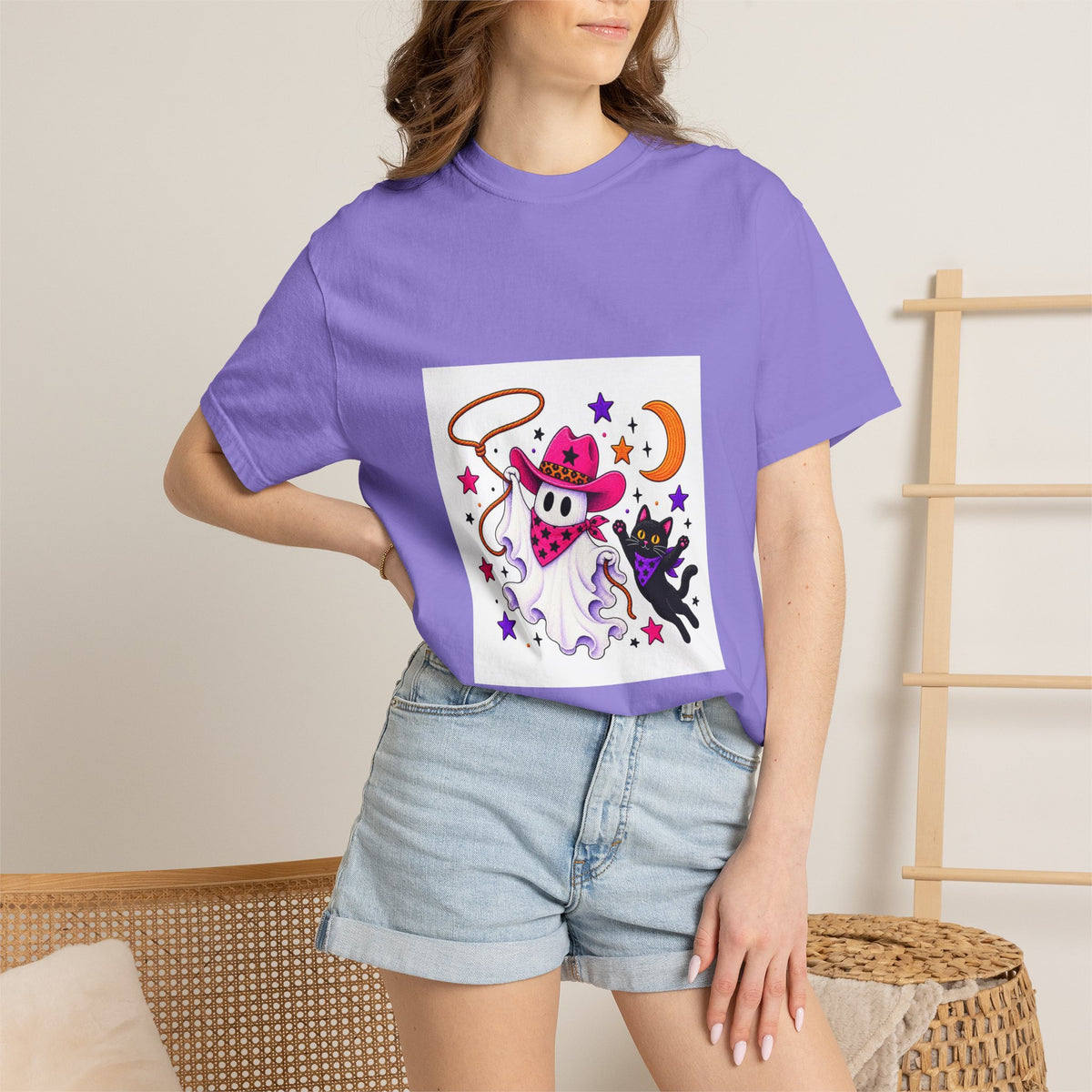 Cowboy Ghost and Black Cat Halloween T-Shirt