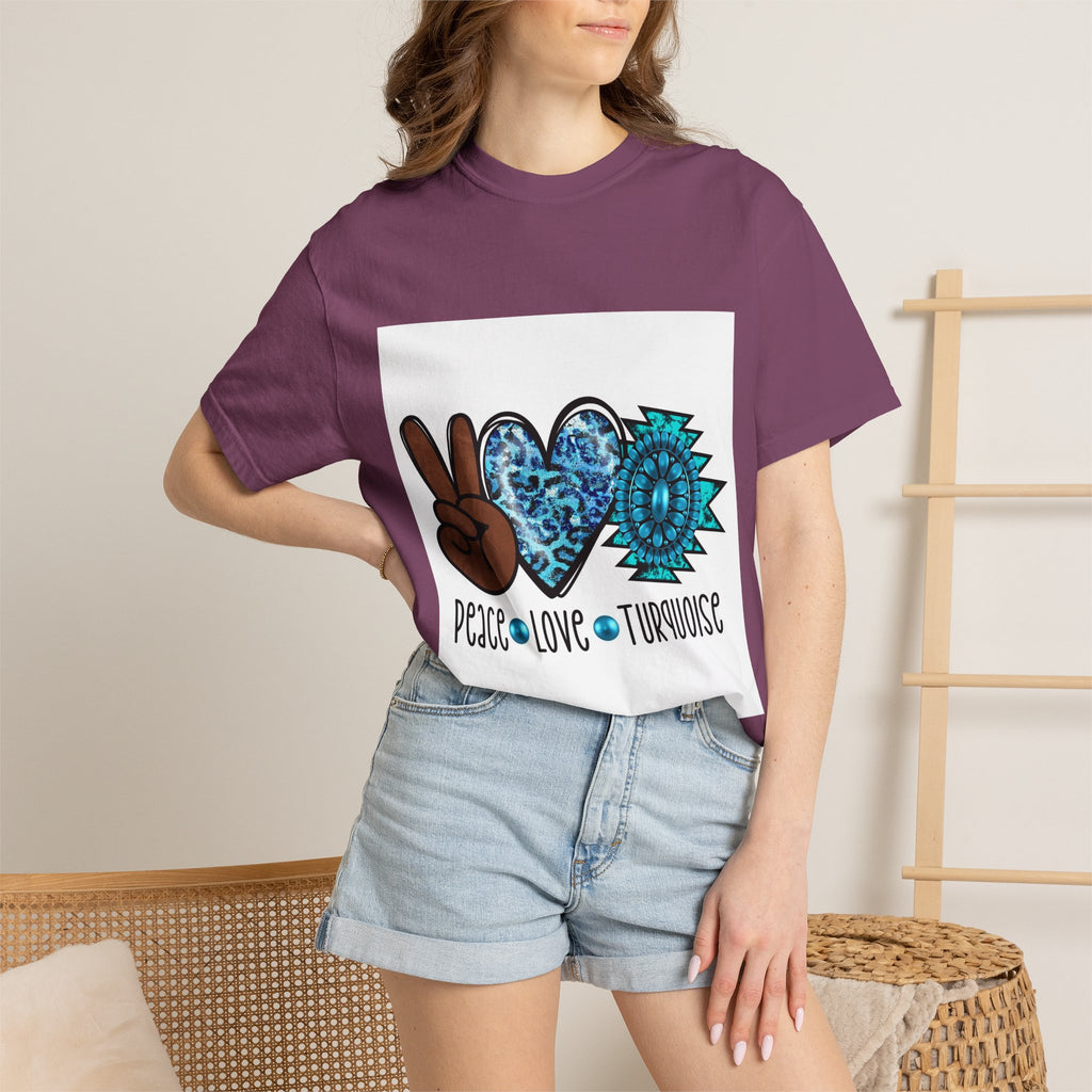 Peace Love Turquoise T-Shirt — Boho Peace Sign & Heart Graphic Tee