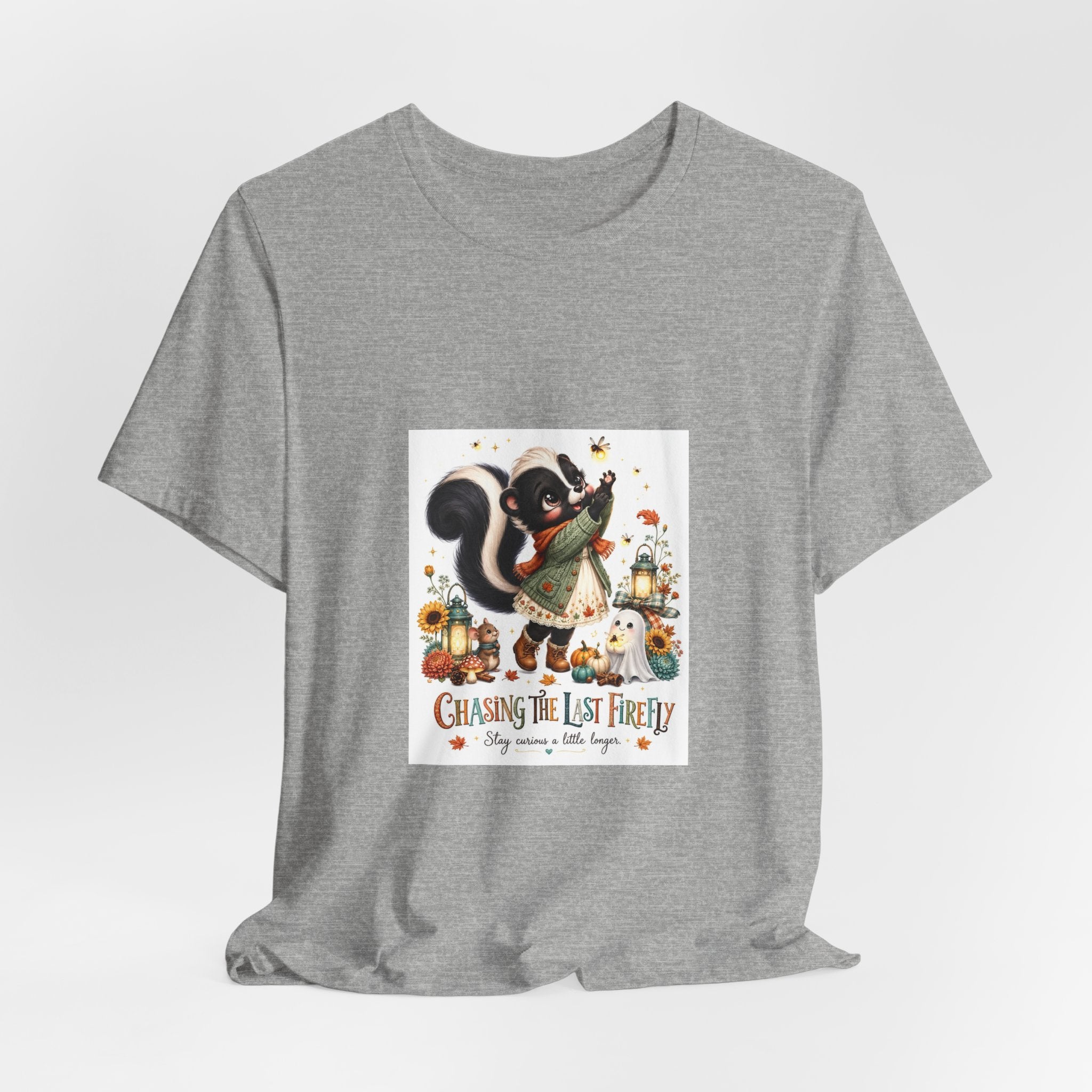 Skunk & Pumpkins Fall Tee — “Chasing the Last Firefly” Cute Autumn Graphic Shirt