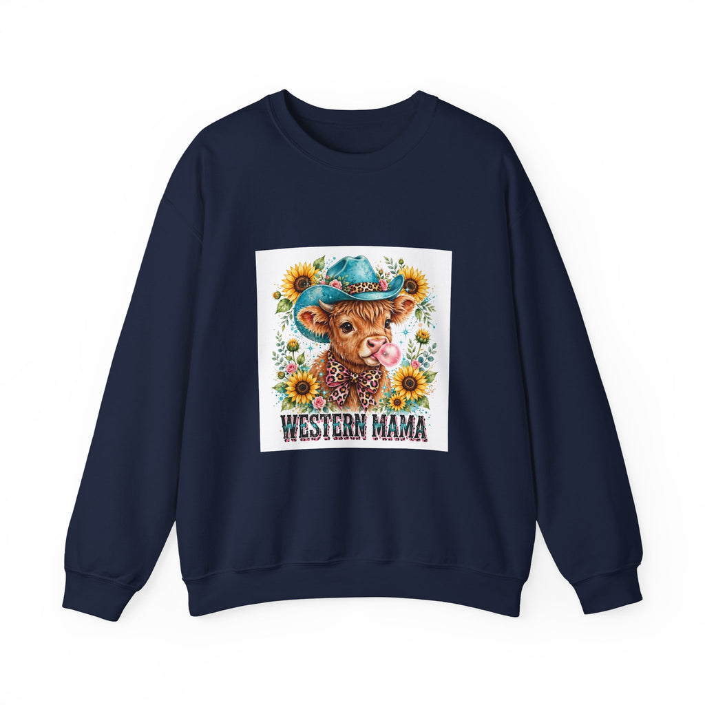 Western Mama Cow Sweatshirt — Sunflower Cowboy Cow Graphic Crewneck