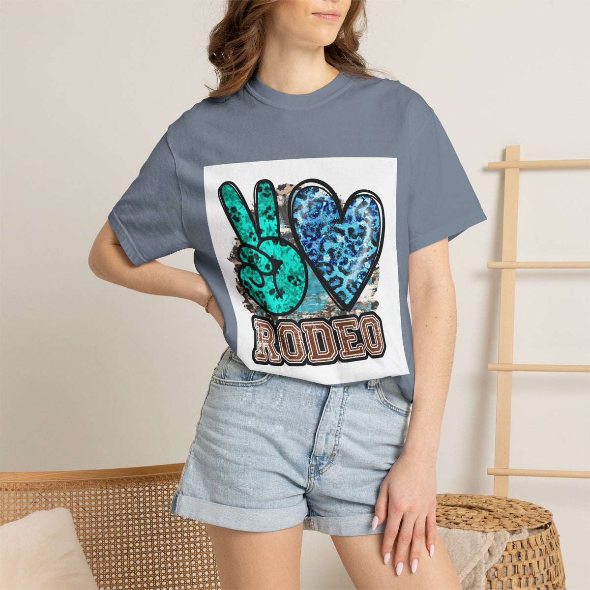 Peace Love Rodeo T‑Shirt — Turquoise Leopard Graphic Rodeo Tee