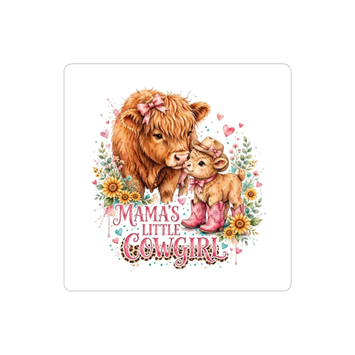 Mama’s Little Cowgirl Kiss-Cut Sticker — Adorable Highland Cow Mom & Calf Floral Decal