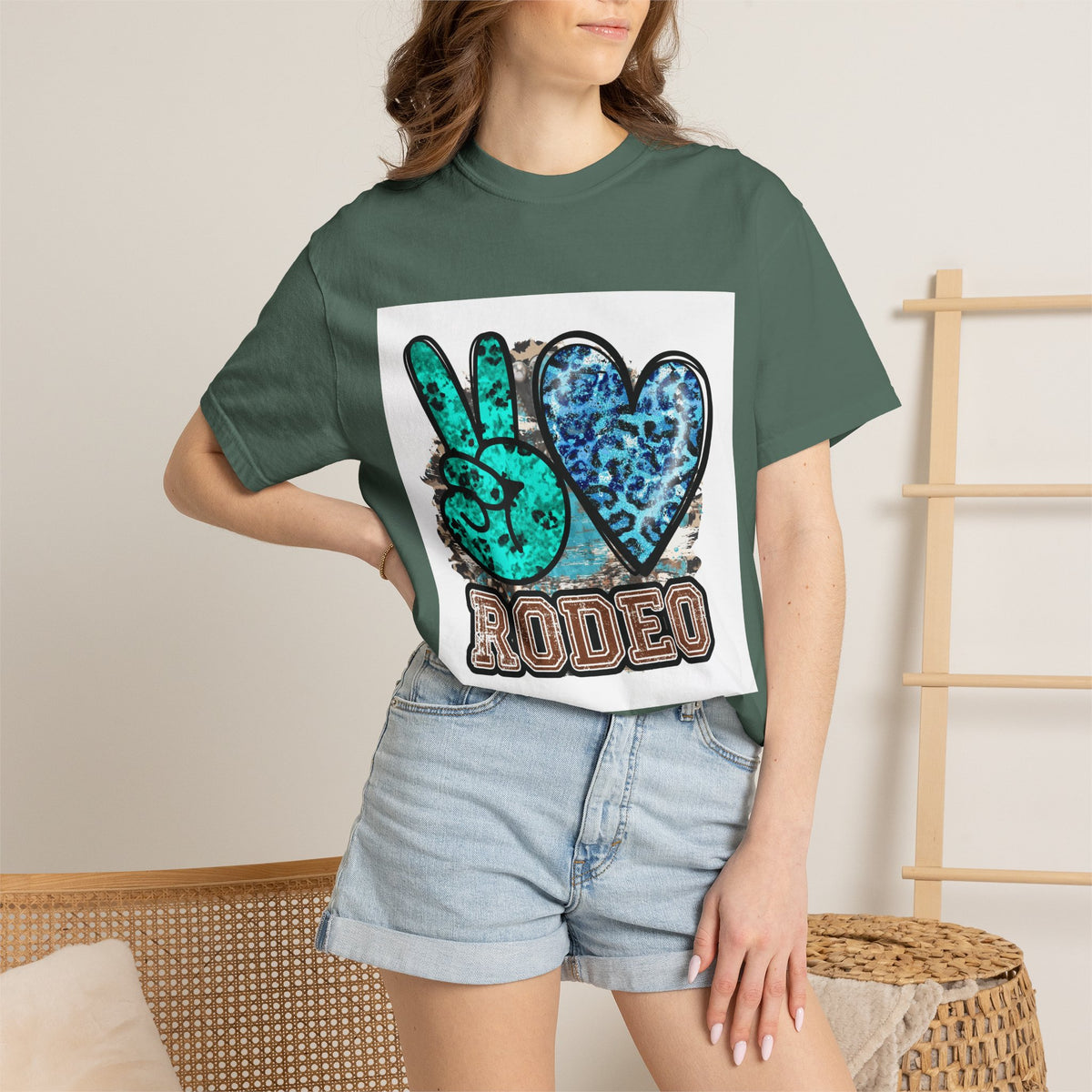 Peace Love Rodeo T‑Shirt — Turquoise Leopard Graphic Rodeo Tee