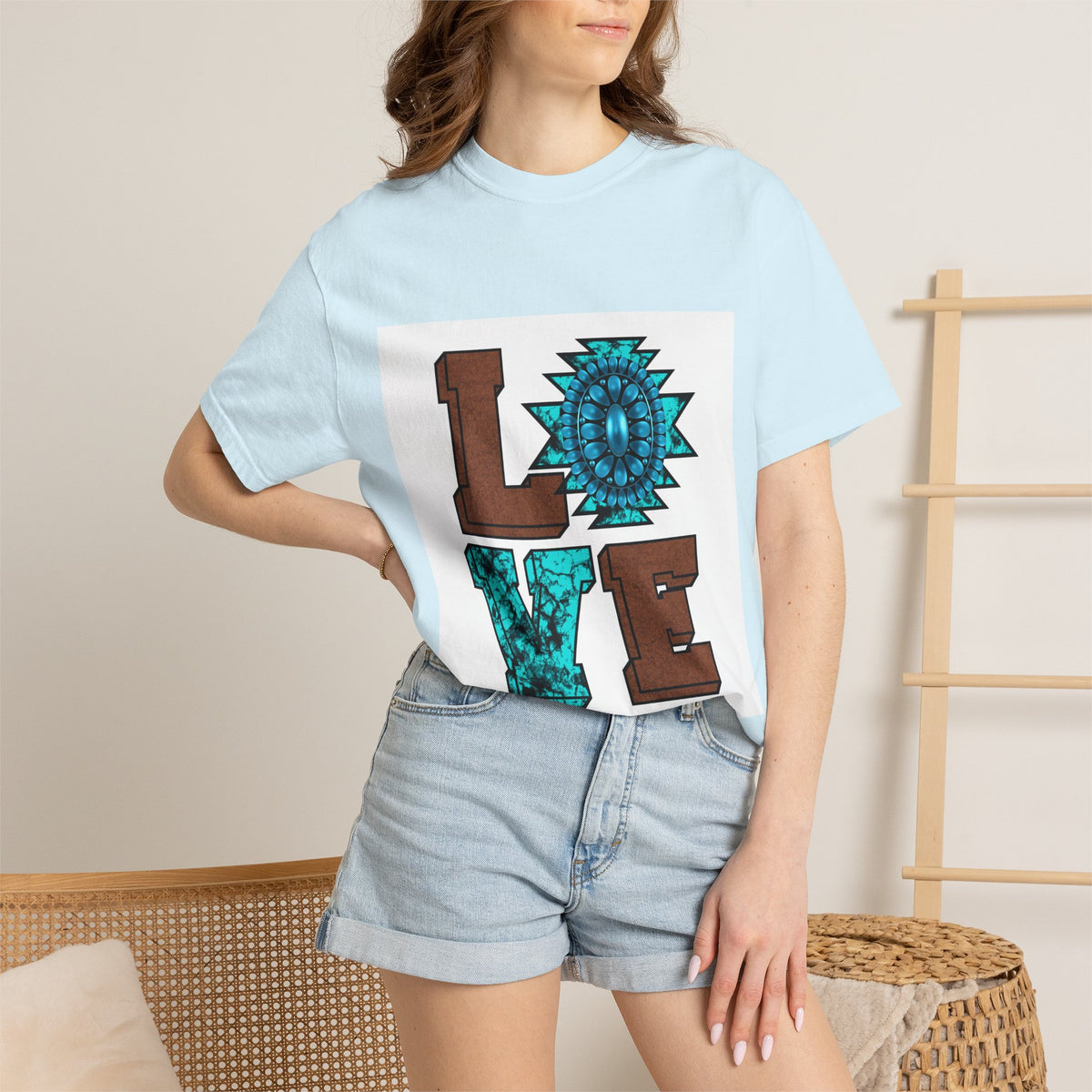 LOVE Southwestern Graphic T-Shirt — Turquoise Aztec Heart Design