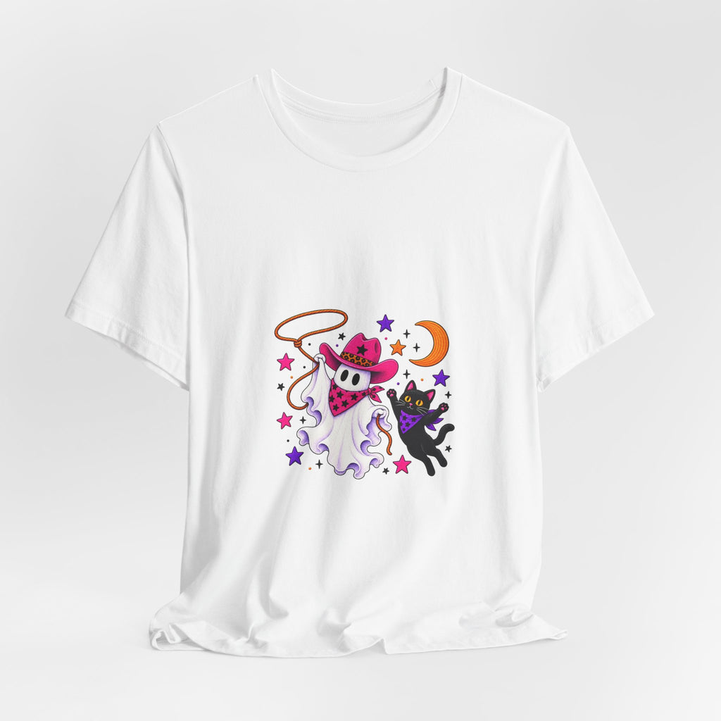 Halloween Ghost Cat T‑Shirt — Cute Witchy Ghost & Black Cat Tee